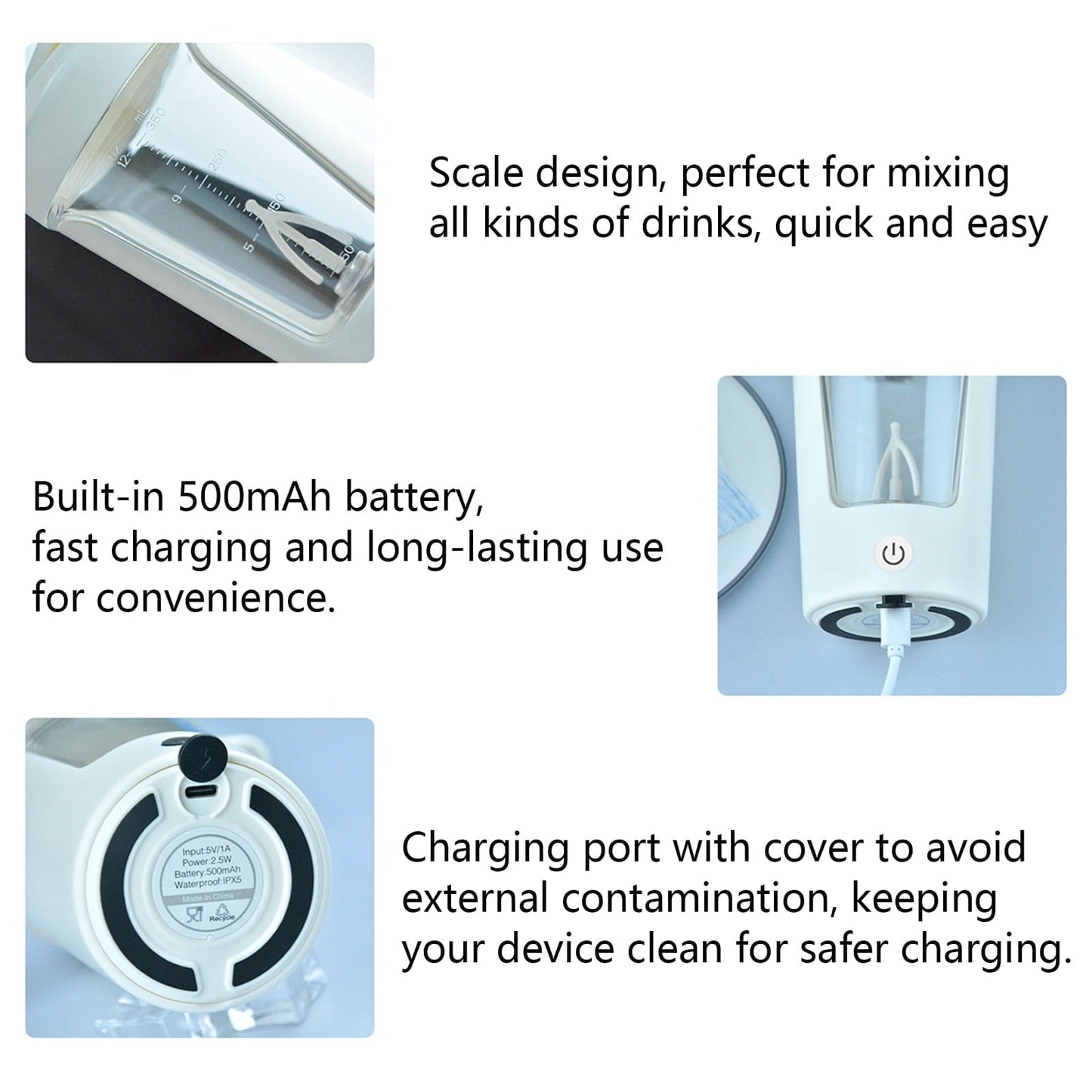 Electric Protein Shaker Bottle with Blender,Plastic Drink Mixer Cup for Coffee Milk Mixing,White