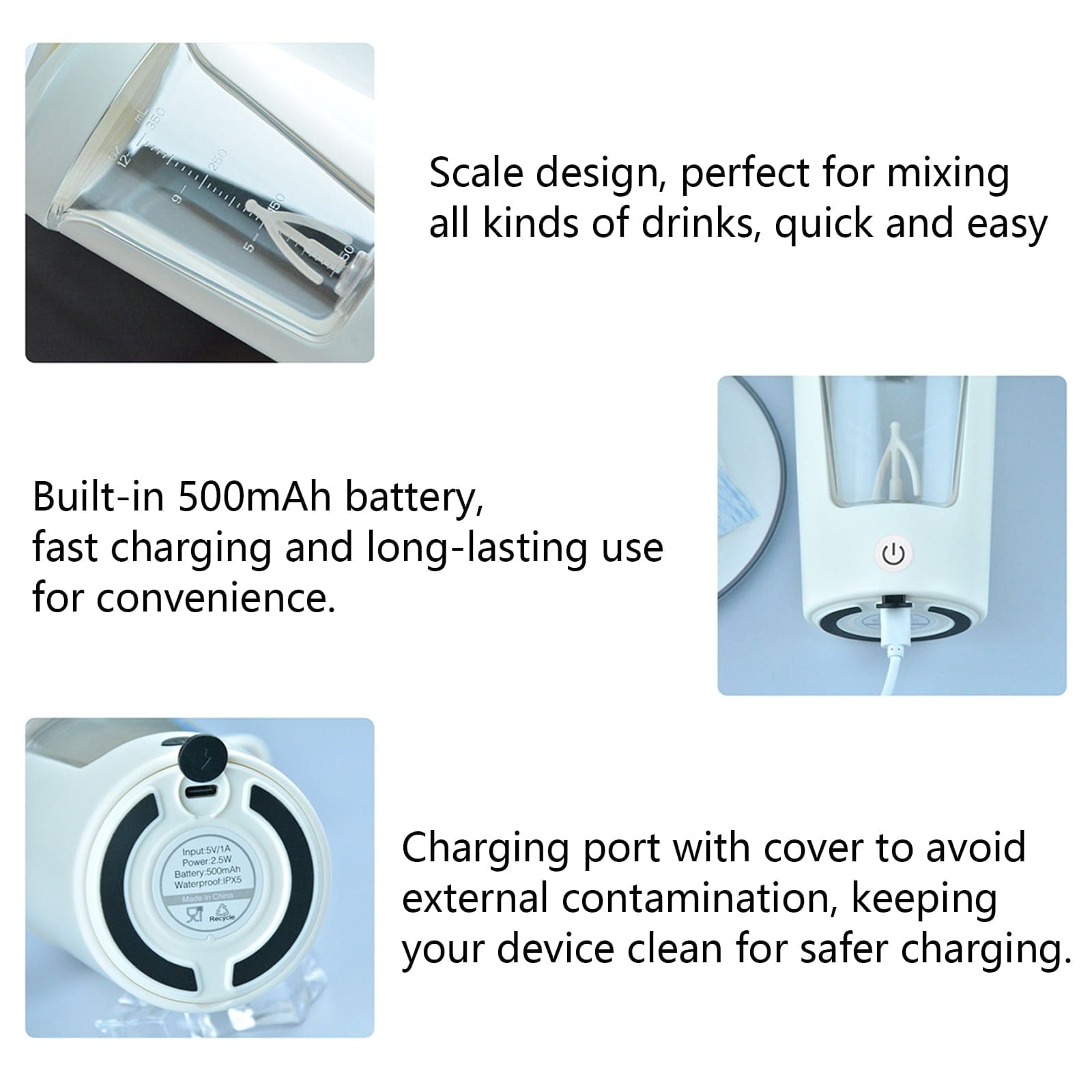 Electric Protein Shaker Bottle with Blender,Plastic Drink Mixer Cup for Coffee Milk Mixing,White