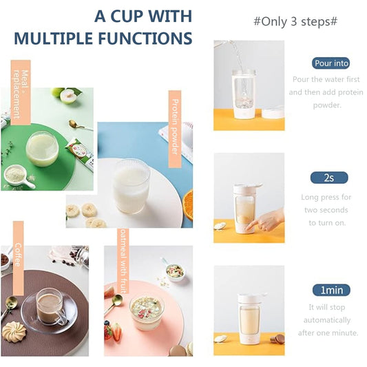 Electric Protein Shaker Bottle with Blender,Plastic Drink Mixer Cup for Coffee Milk Mixing,White
